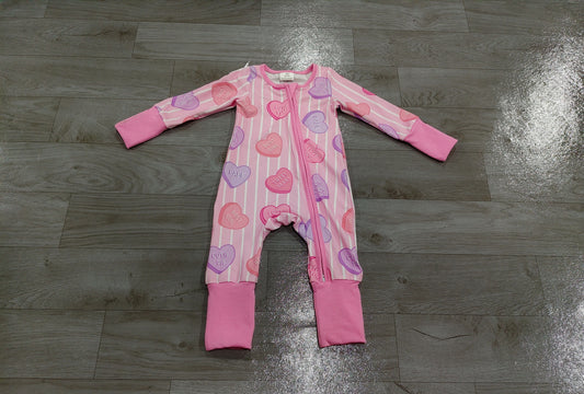 No moq Preorder Baby Girls Infant Valentine Hearts Stripes Zipper Footie Sleeper Romper Clothes