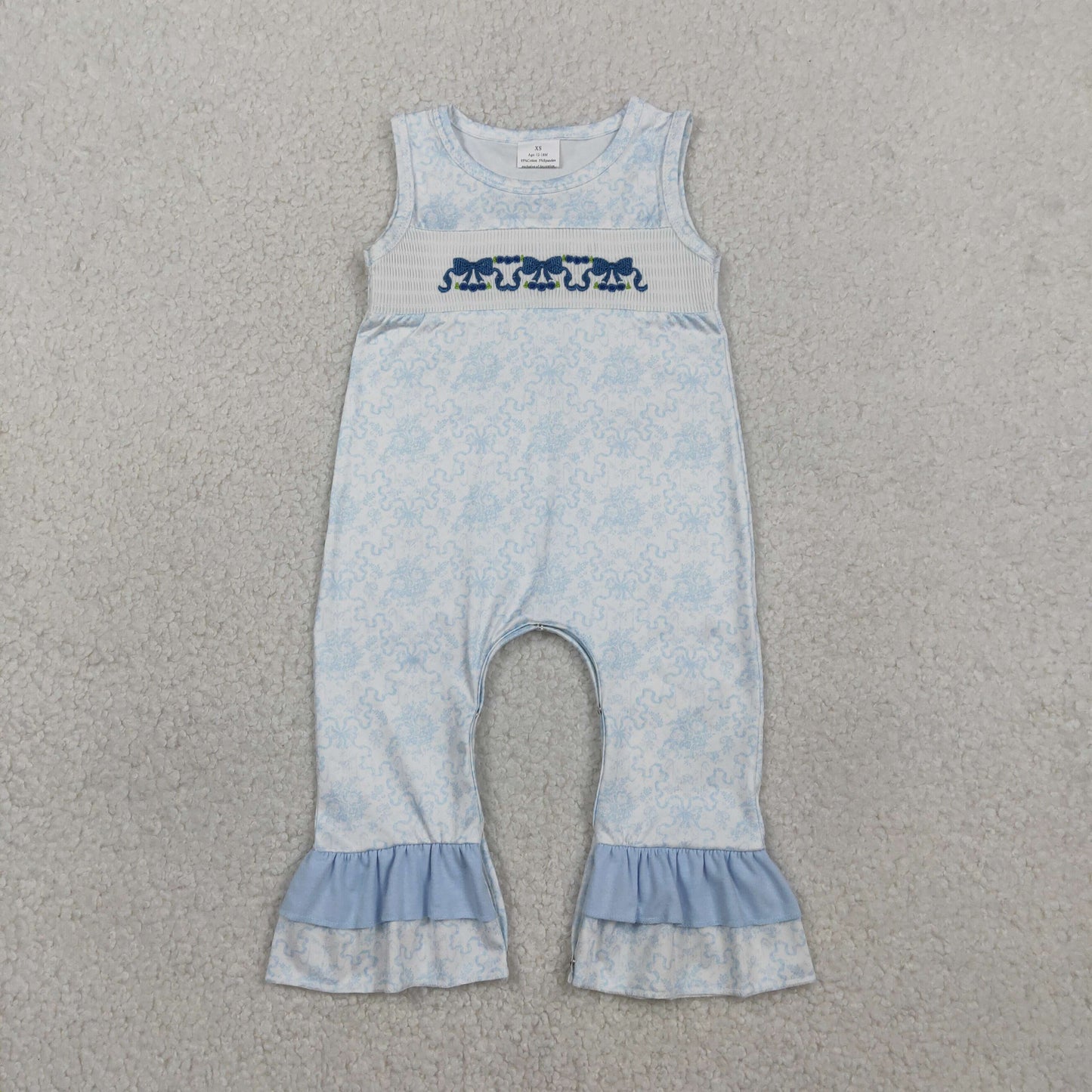 RTS Baby Girls Infant Embroidery Smocked Bows Flower Blue Ruffle Romper