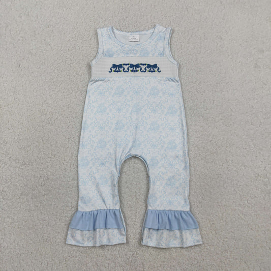 RTS Baby Girls Infant Embroidery Smocked Bows Flower Blue Ruffle Romper