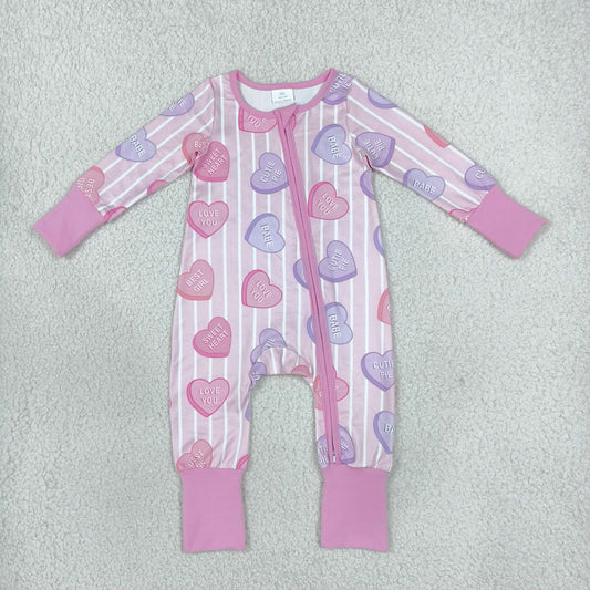 Baby Girls Infant Long Sleeves Valentine Hearts Stripes Zipper Footie Sleeper Romper Clothes