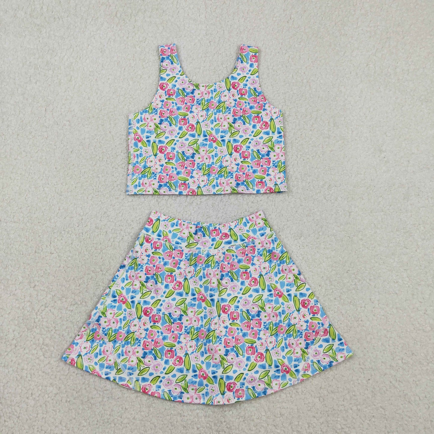 RTS Baby Girls Kids Sleeveless Flower Tops Shorts Skirt Yoga Active Blue Set