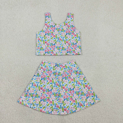 RTS Baby Girls Kids Sleeveless Flower Tops Shorts Skirt Yoga Active Blue Set