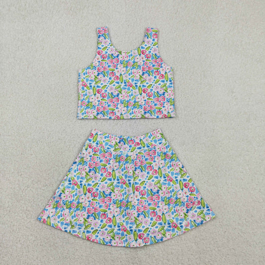 RTS Baby Girls Kids Sleeveless Flower Tops Shorts Skirt Yoga Active Blue Set