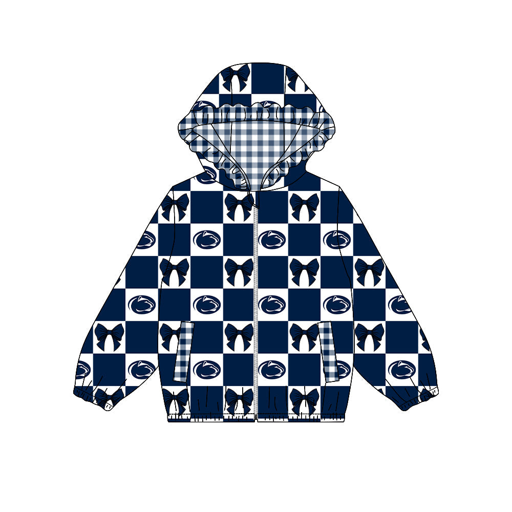 Moq 5 Custom Baby Girl Kids Pockets Zipper Hoodie Bows Team Jacket Coat Tops