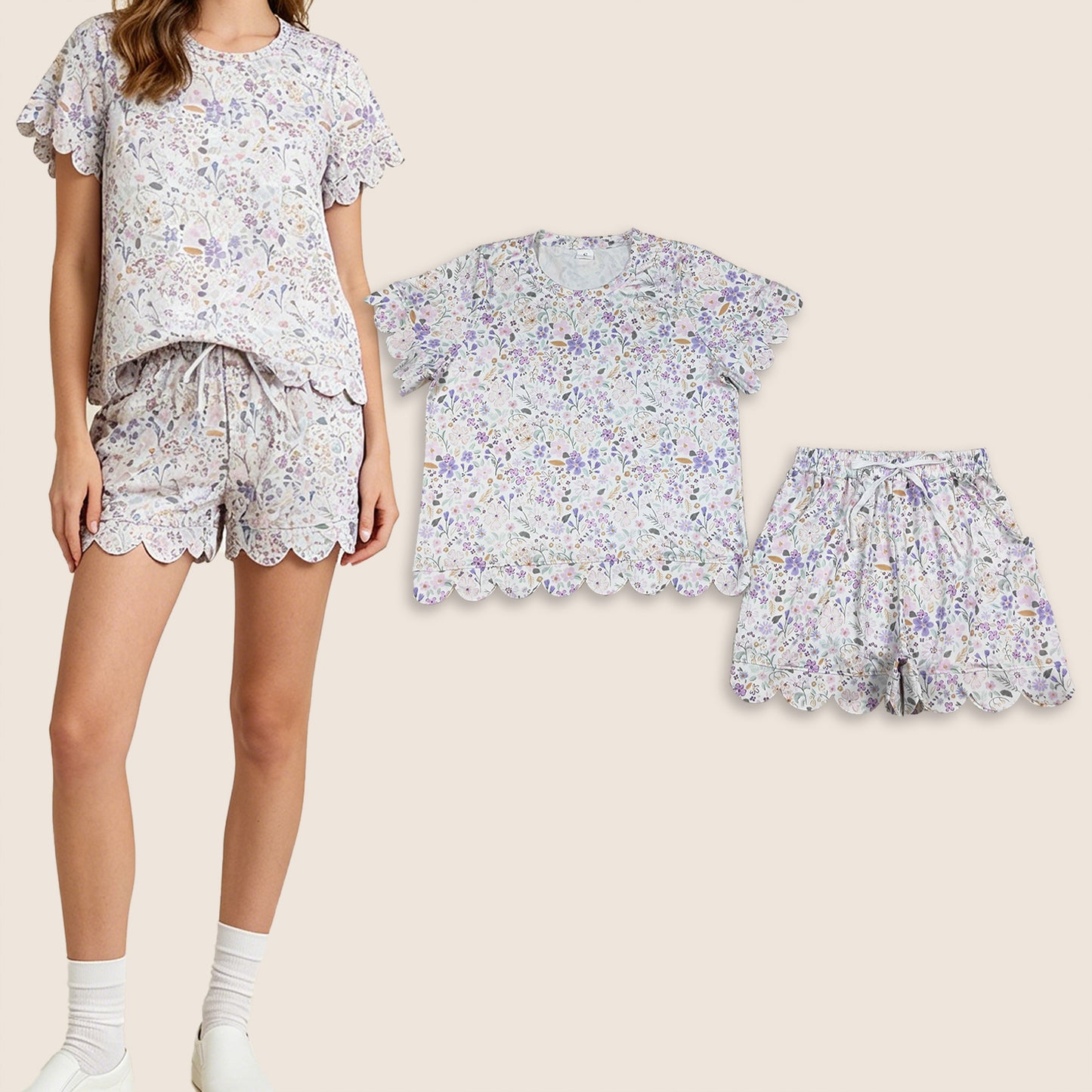 Adult Women Short Sleeves Purple Flower Shirt Shorts Clothes Set