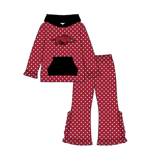 Moq 5 Custom Baby Girls Kids Long Sleeves Hoodie Pig Pullover Dots Pockets Pants Team Set Clothes