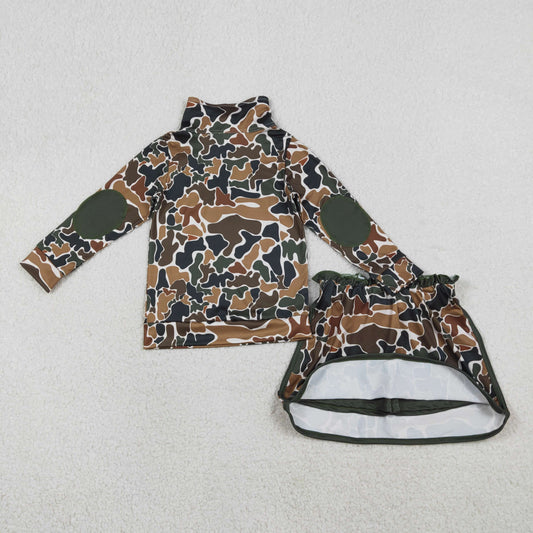 RTS Baby Girls Kids Long Sleeves Brown Green Camo Zipper Pullover Skirt Shorts Set