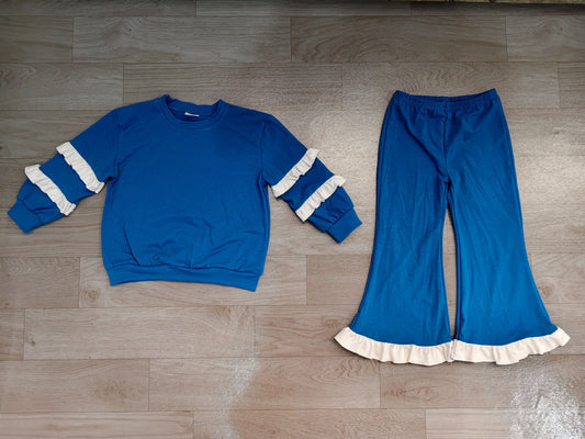 No moq Preorder Baby Girls Kids Long Sleeves Tops Bell Pants Blue Set Cotton Clothes