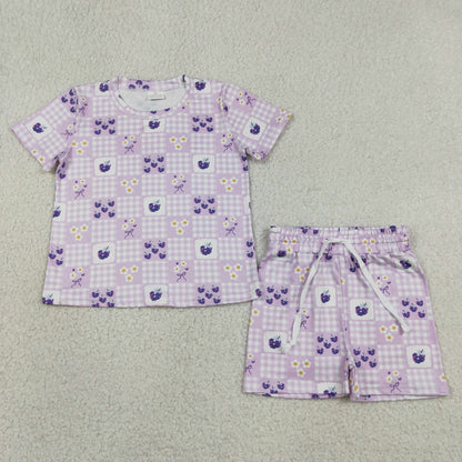 Baby Girl Kids Short Sleeves Flower Purple Plaid Shirt Shorts Set Summer Clothes