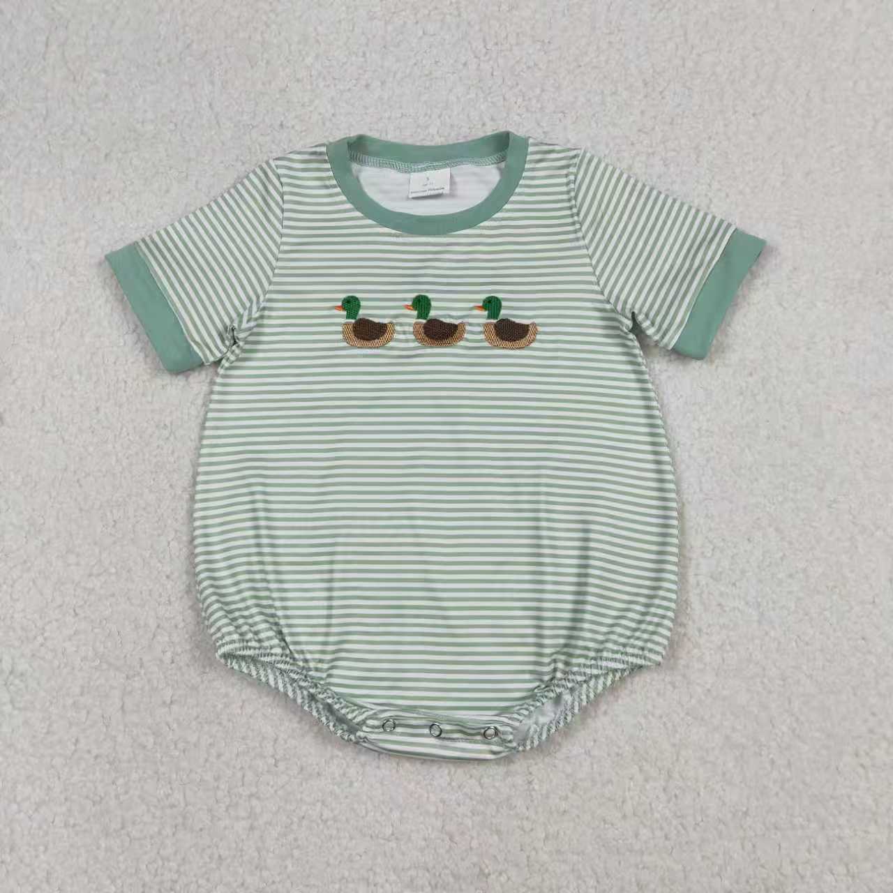 Sibling Baby Boys Kids Short Sleeves Embroidery Duck Pocket Green Stripes Romper Shirt
