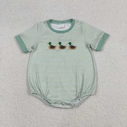 Sibling Baby Boys Kids Short Sleeves Embroidery Duck Pocket Green Stripes Romper Shirt