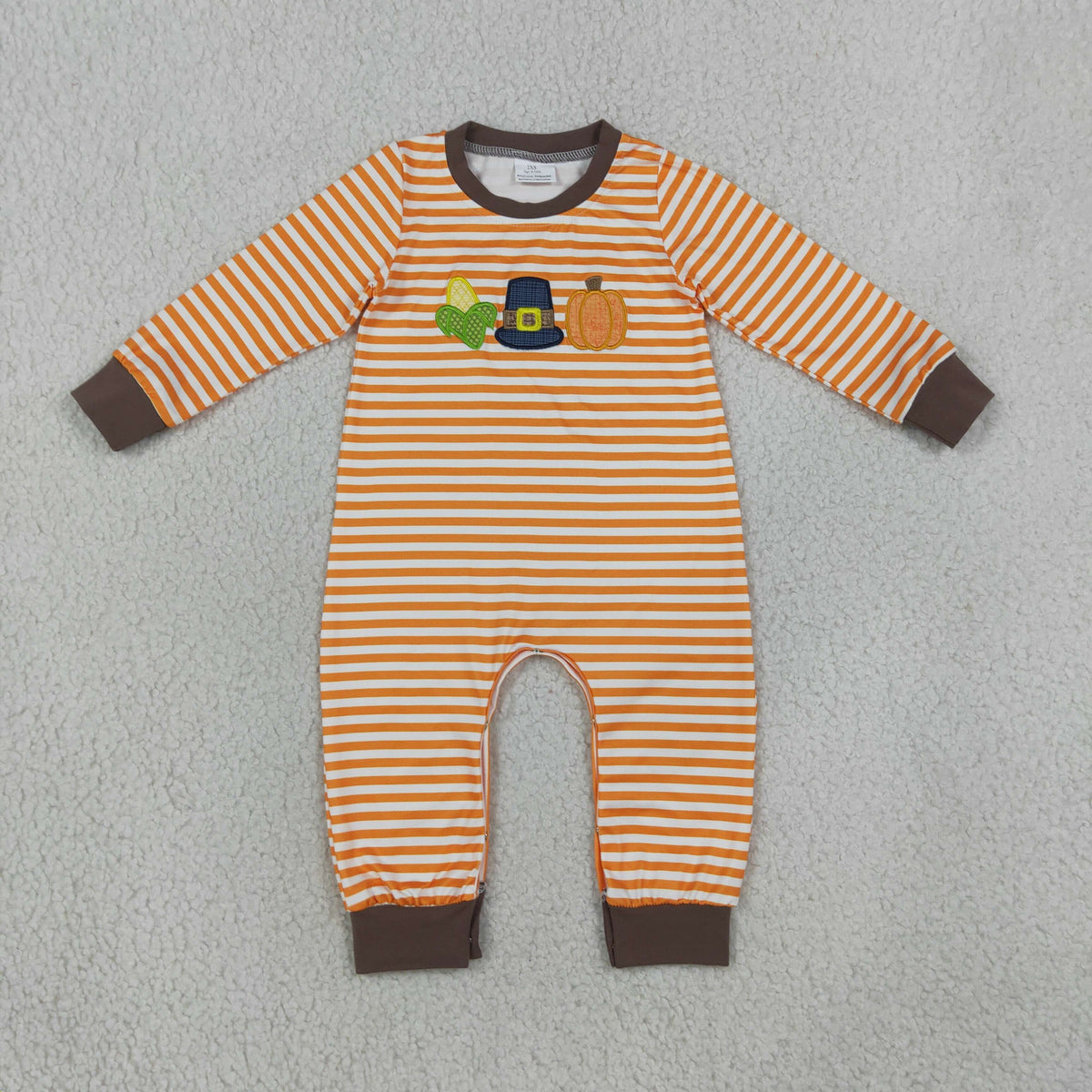 Baby Boys Infant Long Sleeves Embroidery Pumpkin Stripes Romper Thanksgiving Clothes