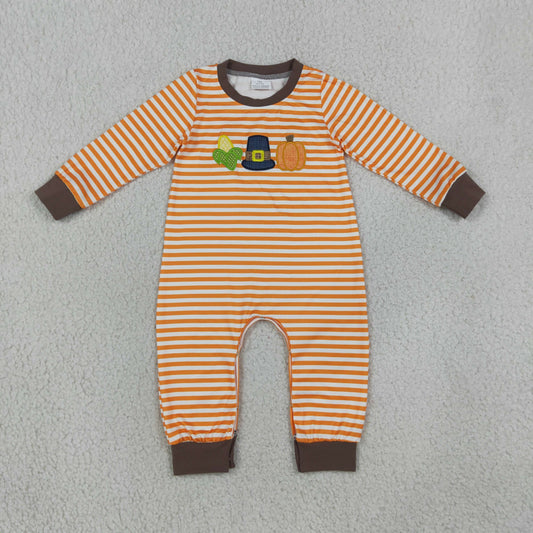 Baby Boys Infant Long Sleeves Embroidery Pumpkin Stripes Romper Thanksgiving Clothes