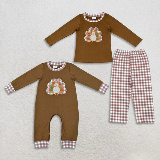 Sibling Baby Boys Kids Long Sleeves Embroidery turkey Thanksgiving Plaid Romper Set Fall Clothes