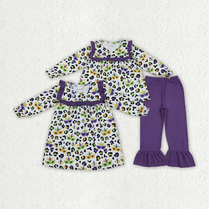 RTS Sibling Baby Girls Kids Long Sleeves Masks Leopard Purple Ruffle Mardi Gras Dress Set