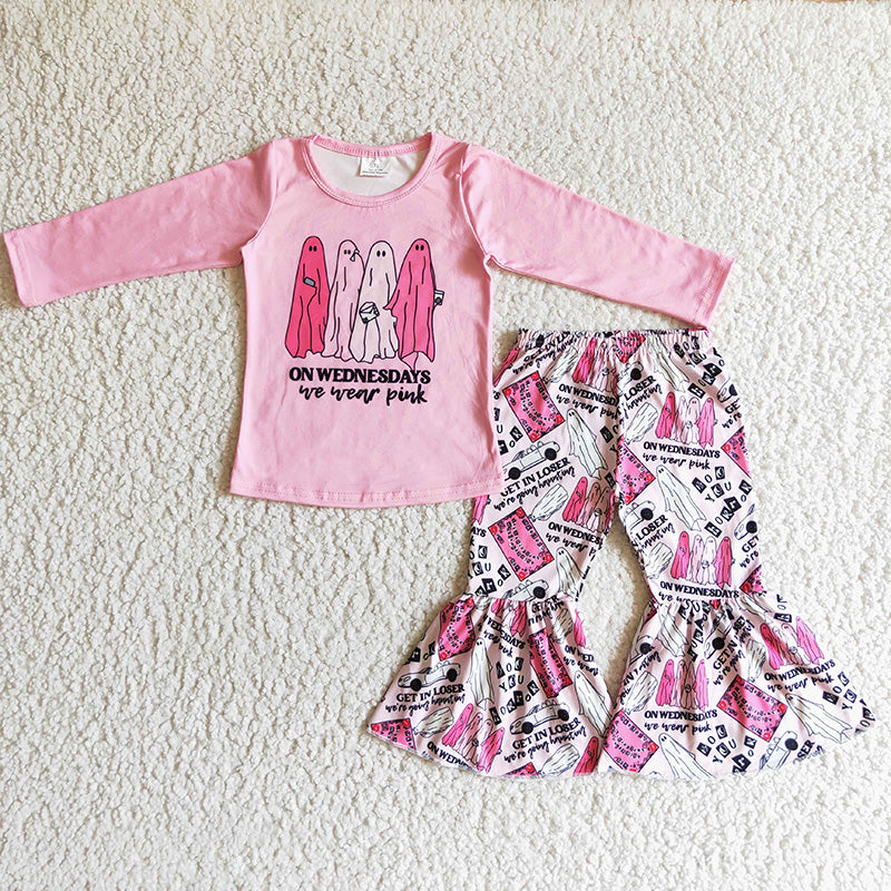 Promotion Baby Girl Kids Halloween Ghosts Tops Bell Pants Pink Outfit