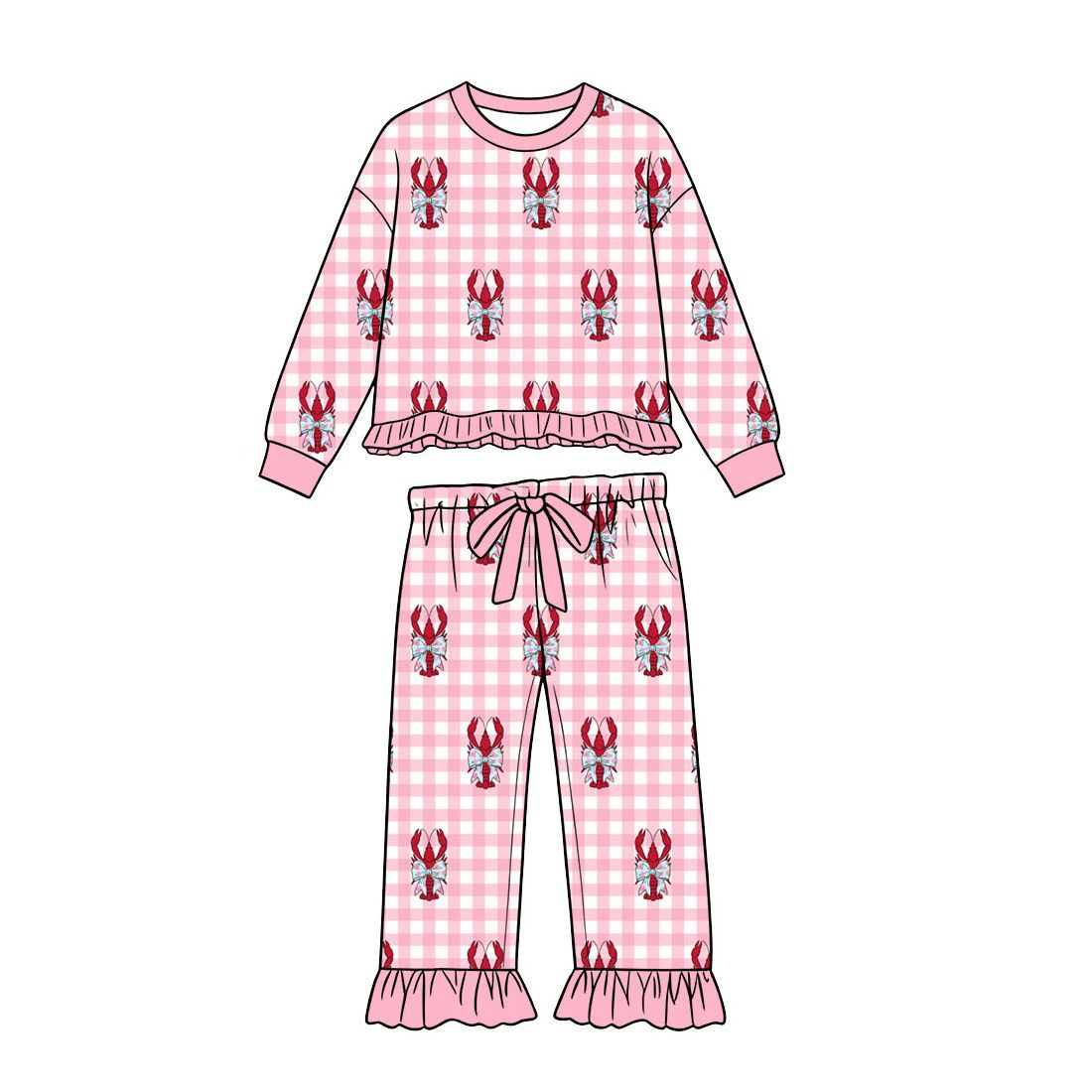 Moq 5 Preorder Baby Girls Kids Crayfish Bows Pink Plaid Shirt Pockets Pants Set Clothes