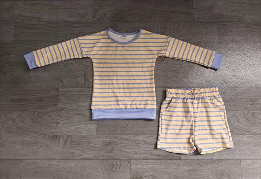 No moq Preorder Baby Girls Kids Long Sleeves Yellow Blue Stripes Shirt Shorts Set Yoga Active Clothes