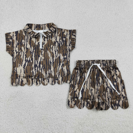 Baby Girls Kids Short Sleeves Olive Camo Zipper Shirt Scallop Shorts Set Clothes RTS