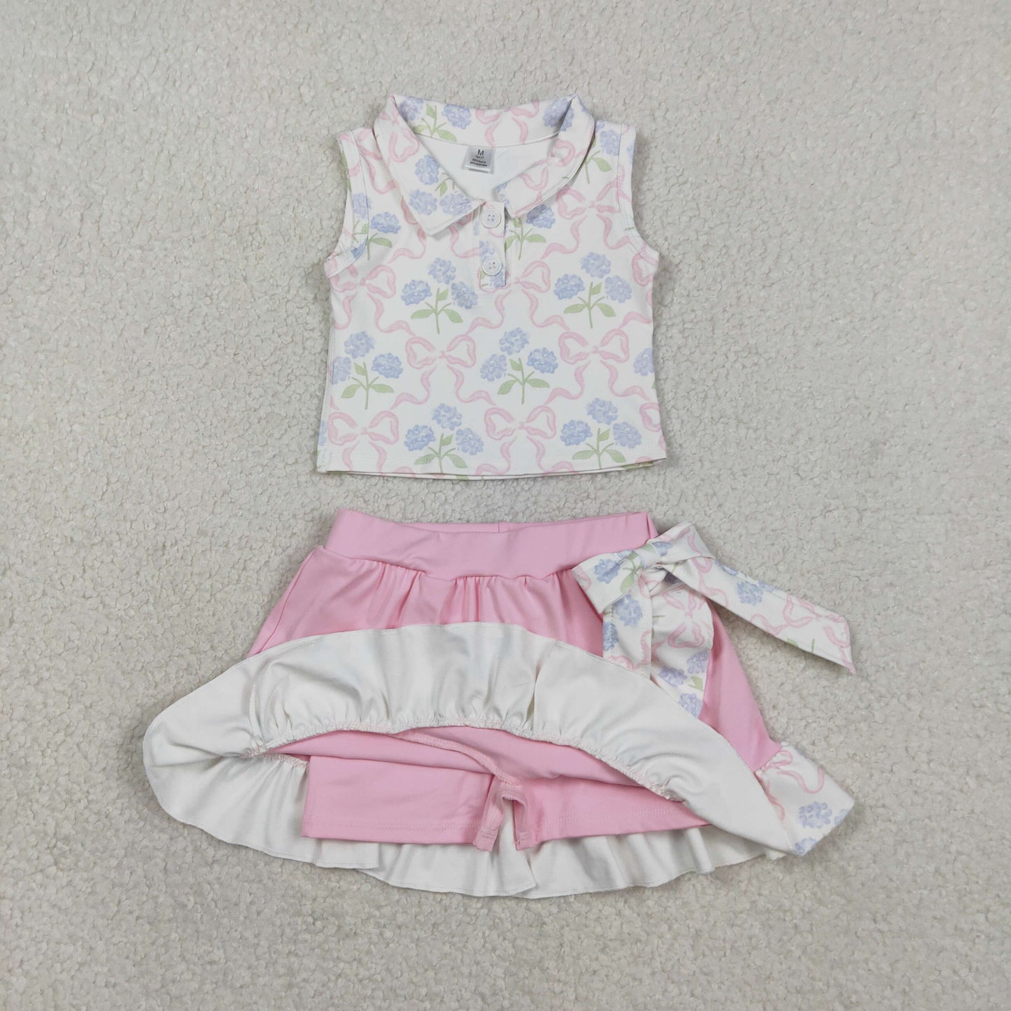 RTS Sibling Baby Girls Bows Flower Buttons Tops Ruffle Pink Skirts Shorts Yoga Active Clothes Sets