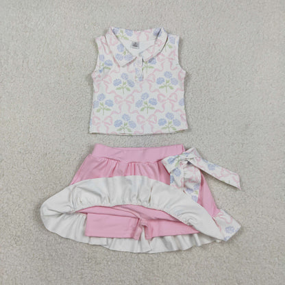 RTS Sibling Baby Girls Bows Flower Buttons Tops Ruffle Pink Skirts Shorts Yoga Active Clothes Sets