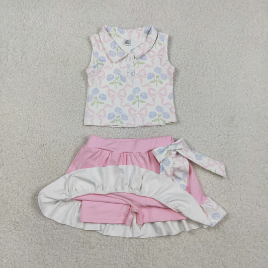 RTS Baby Girls Bows Flower Buttons Tops Ruffle Pink Skirt Shorts Yoga Active Clothes Set