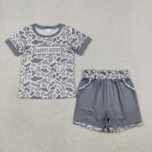 Baby Boys Kids Embroidery Daddy's Buddy Grey Camo Shirt Pockets Shorts Clothes Set