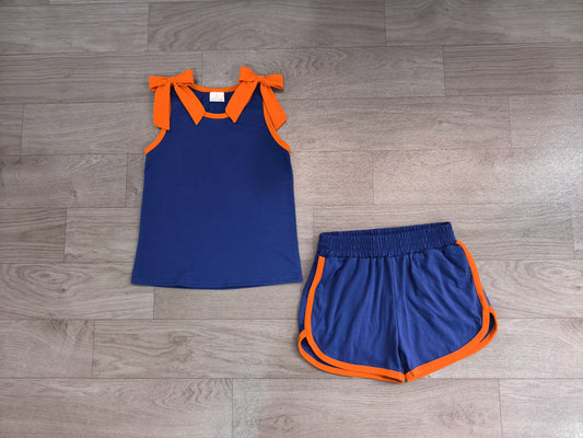 No moq Preorder Baby Girls Kids Orange Trim Sleeveless Bows Shirt Shorts Blue Set Summer Clothes