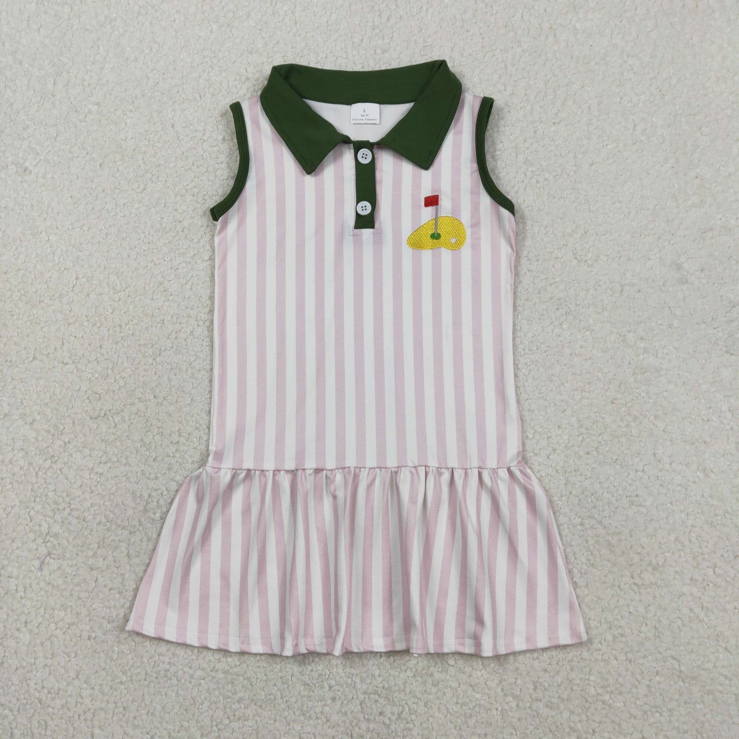 RTS Baby Girls Sleeveless Pink Stripes Embroidery Golf Knee Length Buttons Dress