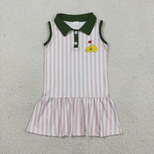 RTS Baby Girls Sleeveless Pink Stripes Embroidery Golf Knee Length Buttons Dress