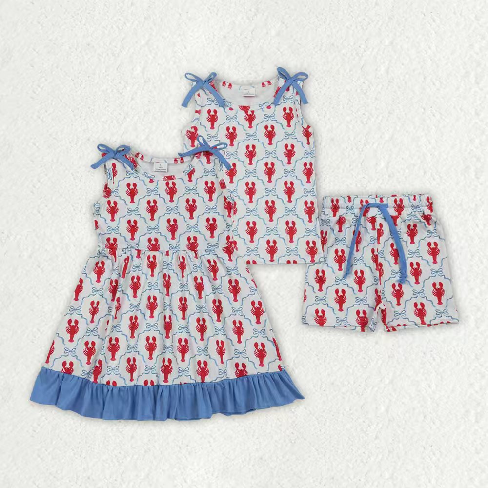 RTS Sibling Baby Girls Toddler Sleeveless Crayfish Bows 4th of July Dress Set Clothes
