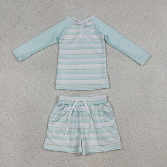 Baby Boys Long Sleeves Stripes Zipper Tops Pockets Shorts Set Swimsuit RTS