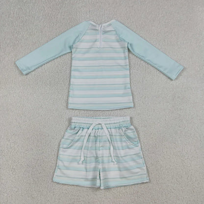 RTS Sibling Baby Boys Kids Long Sleeves Stripes Zipper Tops Shorts Set Jumpsuit Swimsuits Clothes