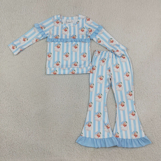 Baby Girls Kids Long Sleeves Christmas Santa Blue Ruffle Shirt Bell Pants Set Clothes
