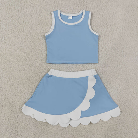 Baby Girls Kids Blue Shirt Scallop Green Skirt Shorts Yoga Active Set Clothes