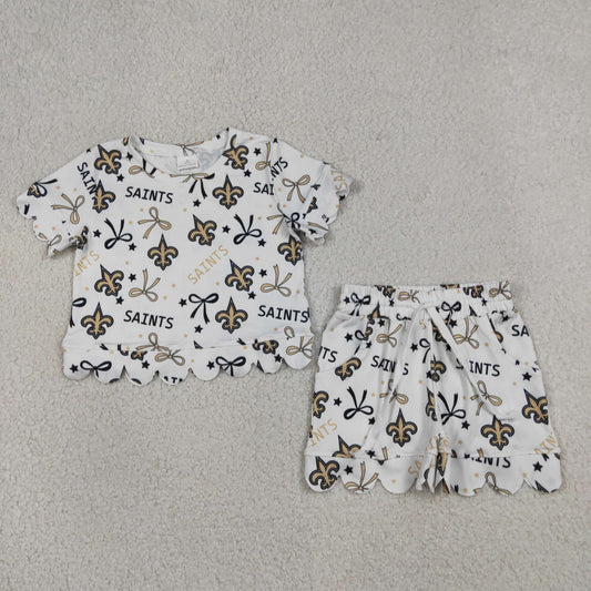 Baby Girls Kids Short Sleeves Bows Team Zipper Shirt Scallop Shorts Set Clothes