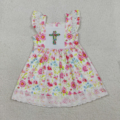RTS Sibling Baby Girls Kids Short Sleeves Embroidery Crosses Flower Easter Knee Length Dresses