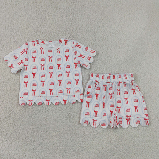 Baby Girls Toddler Bows Flags Shirt Scallop Shorts 4th of July Set Clothes