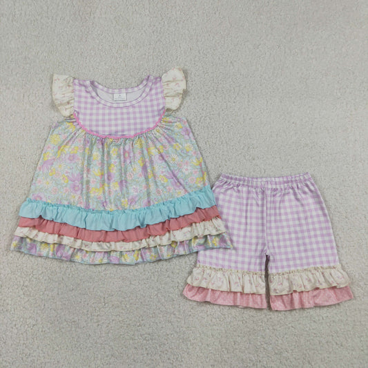 Baby Girls Kids Short Sleeves Flower Ruffle Tunic Plaid Shorts Set Clothes