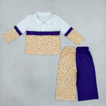 Baby Girls Kids Long Sleeves Zipper Pullover Leopard Purple Pants Set Clothes RTS