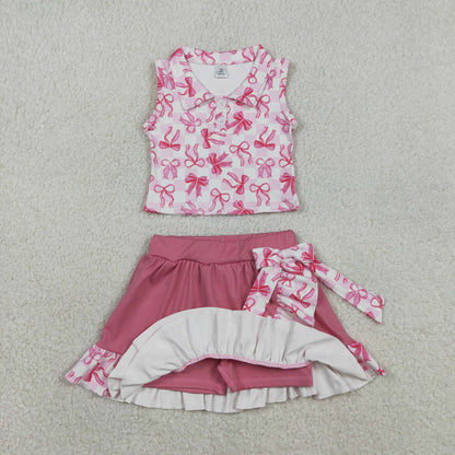 RTS Baby Girls Bows Plaid Buttons Tops Ruffle Skirt Shorts Yoga Active Clothes Set