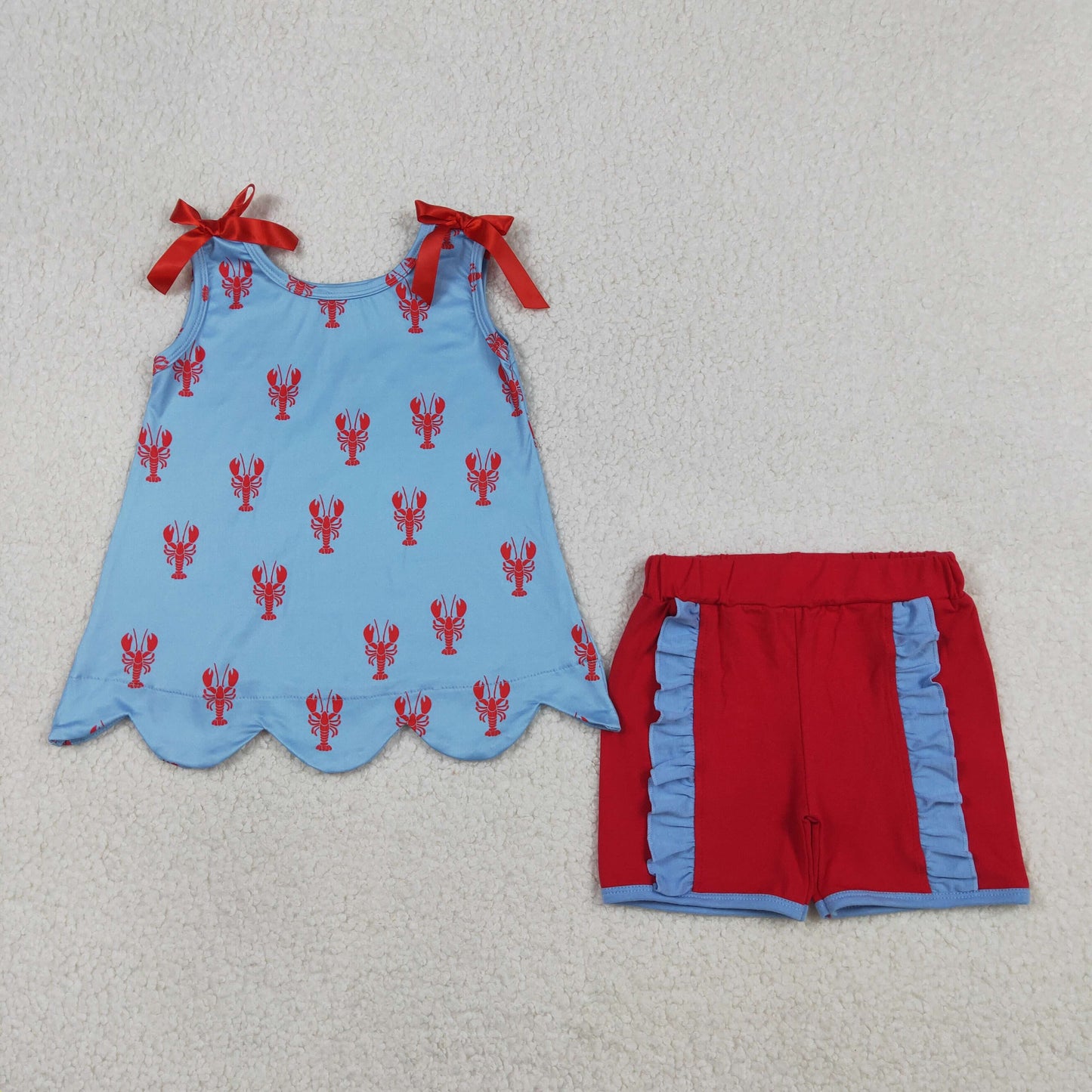 RTS Baby Girls Kids Bows Sleeveless Crayfish Tops Ruffle Shorts 4th of July Clothes Set