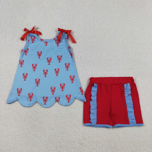 RTS Baby Girls Kids Bows Sleeveless Crayfish Tops Ruffle Shorts 4th of July Clothes Set