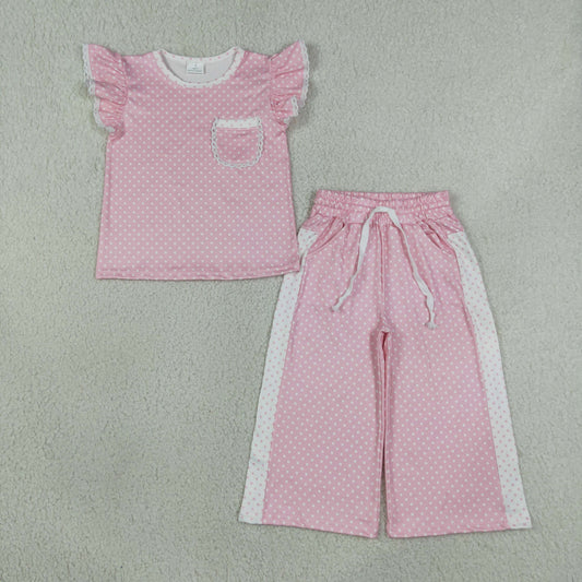 Baby Girl Kids Short Sleeves Pocket Shirt Dots Pants Pink Set Clothes