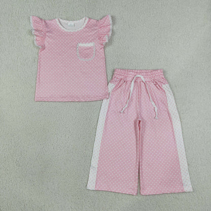 Sibling Baby Girl Kids Short Sleeves Pockets Shirts Dots Pants Sets Clothes