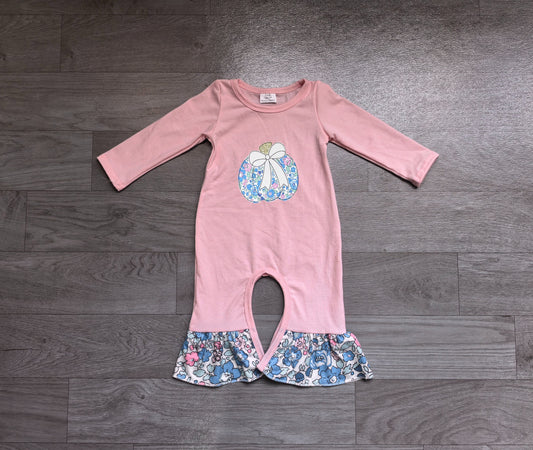 No moq Preorder Baby Girls Infant Embroidery Pumpkin Bow Flower Ruffle Fall Romper