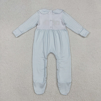 Baby Boy Long Sleeves Embroidery Pumpkins Blue Plaid Thanksgiving Footies Romper
