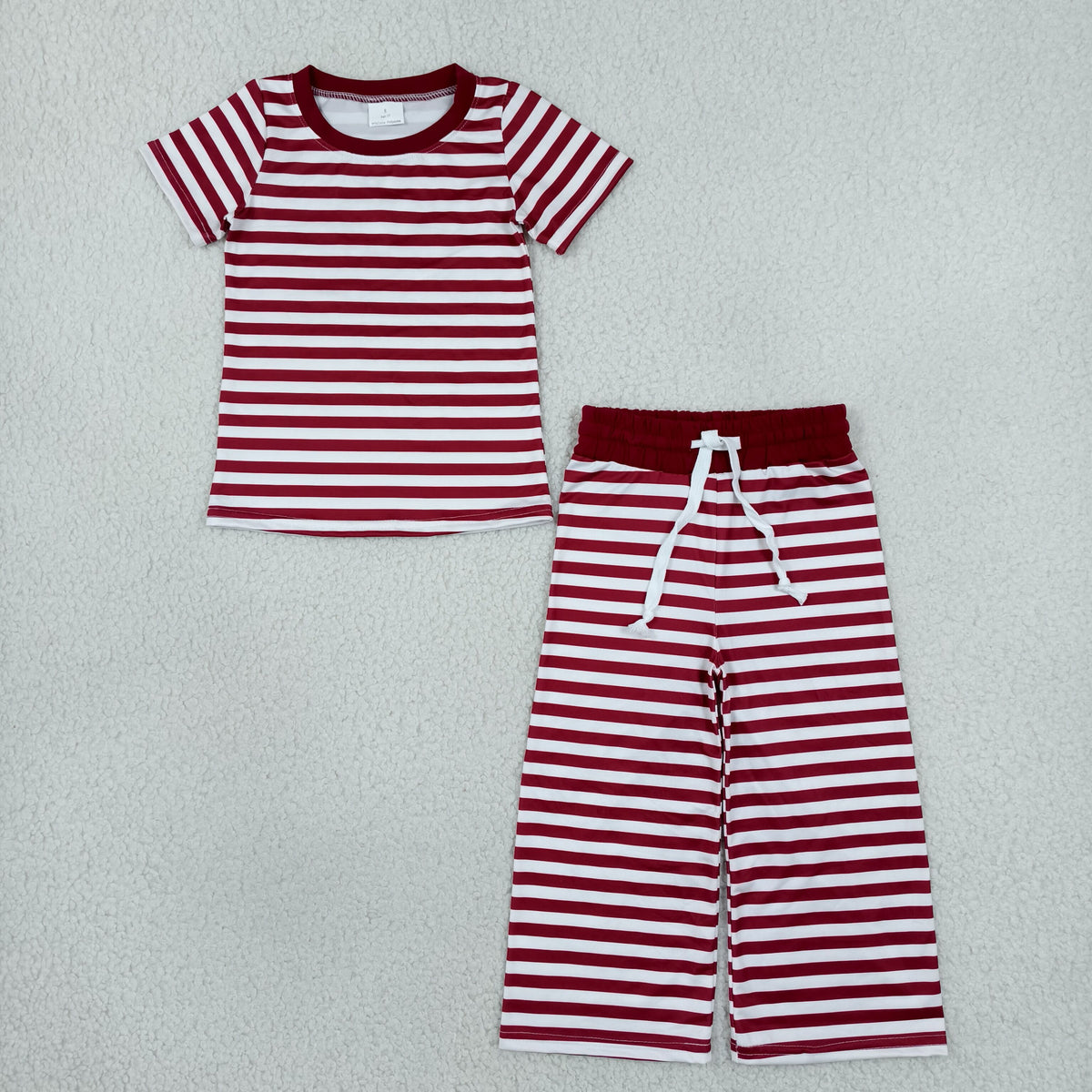 Baby Girls Kids Short Sleeves Dark Red Stripes Shirt Pants Pajamas Set Clothes