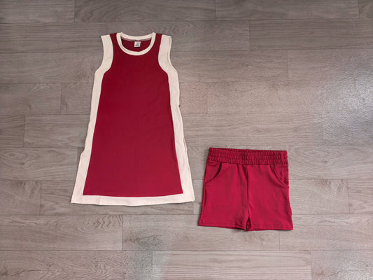 No moq Preorder Baby Girls Kids Sleeveless Tops Dark Red Pockets Shorts Set Yoga Clothes