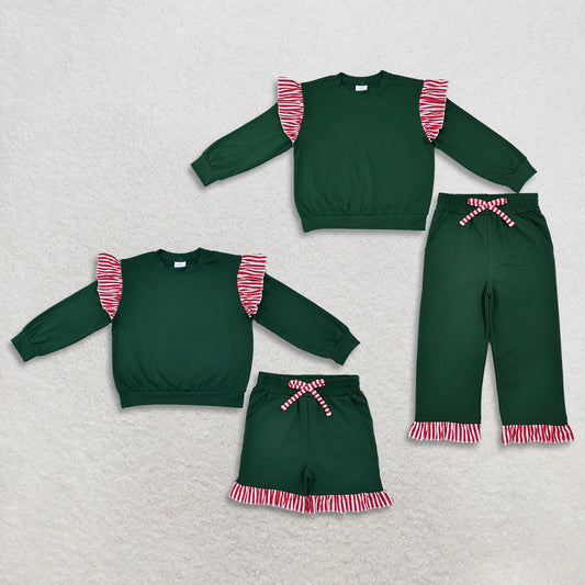 Sibling Baby Girls Kids Long Sleeves Shirts Pockets Shorts Pants Cotton Green Sets Christmas Clothes